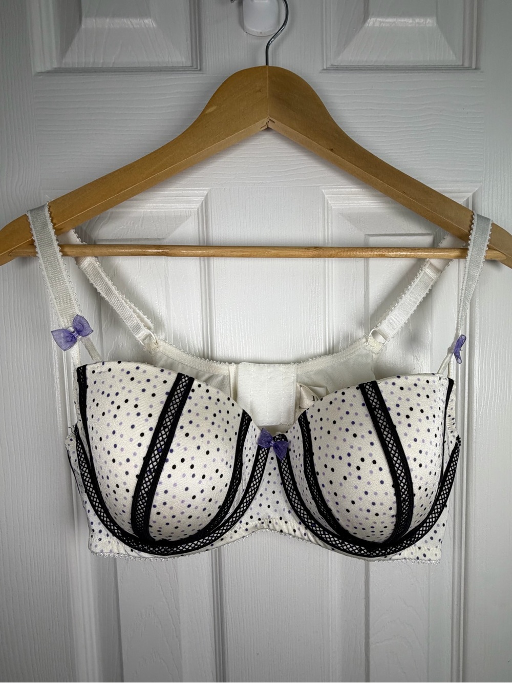 Deesse Lingerie Polka Dot Balconette Bra 38C White Purple Black Coquette Romance